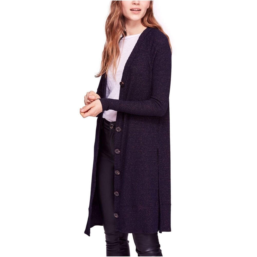 Free People Sparkly Cardigan Size M Navy Glitter Long Button V-Neck EUC B56